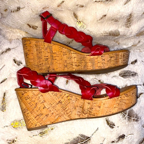 Nicole Braided Red Platform Heel Cork Sandals - Picture 2 of 13
